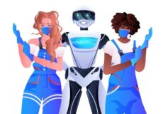 Entenda o que é limpeza inteligente e sua importância Ilustração de profissionais de limpeza ao lado de um robô futurista representa o conceito de limpeza inteligente.