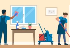 Veja as diferenças entre limpeza e desinfecção com a Whitening Ilustração de profissionais realizando limpeza e desinfecção de janelas e pisos em sala